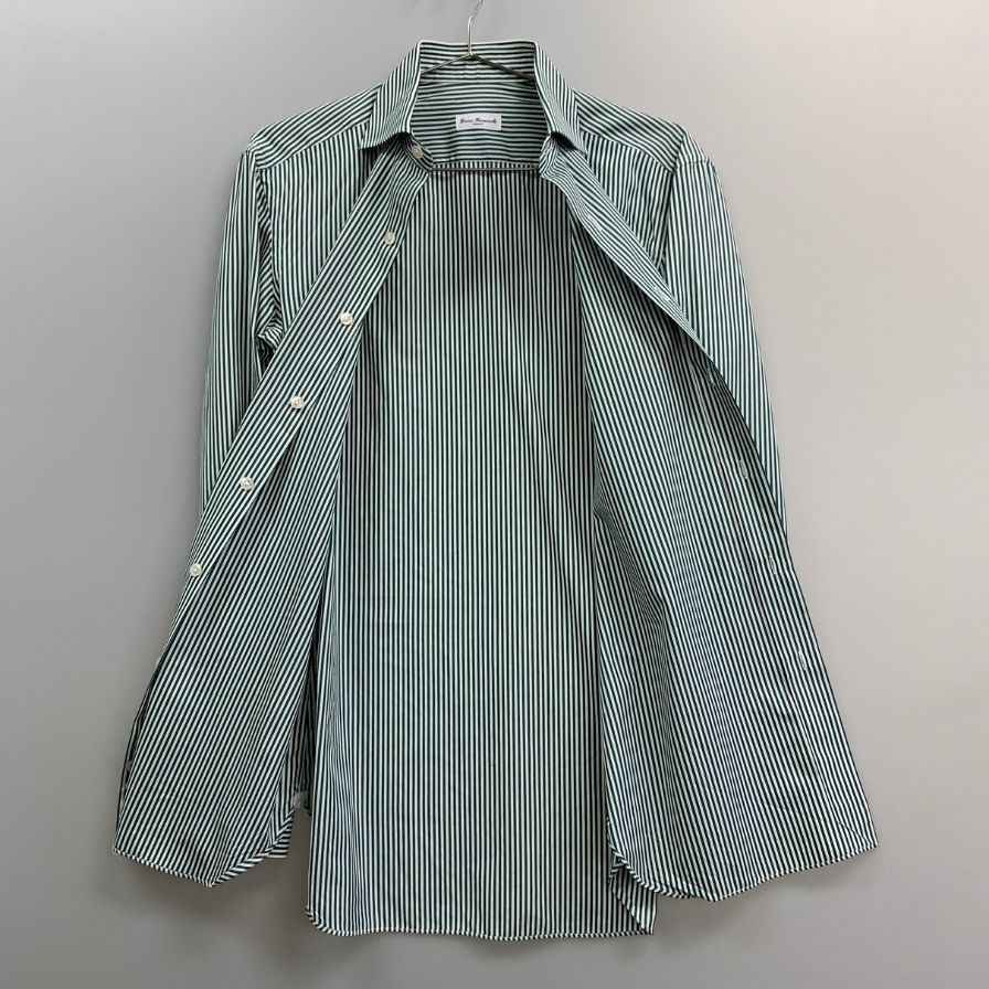 美品◆エリッコ フォルミコラ シャツ ストライプ グリーン系 メンズ サイズ39/15.5 Errico Formicola 【AFB11】