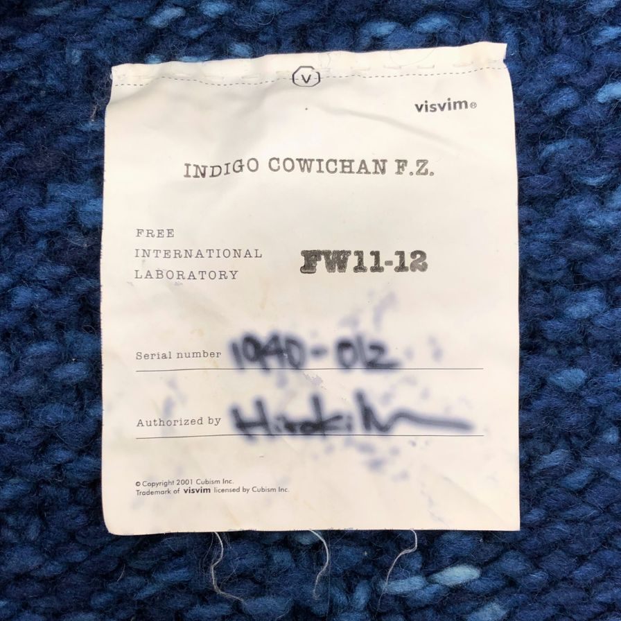 中古◆ヴィズヴィム ビズビム インディゴ カウチン ニット ジャケット 初代 INDIGO COWICHAN F.Z. 11FW  藍染 ウール  メンズ  サイズ2 visvim 【AFB34】