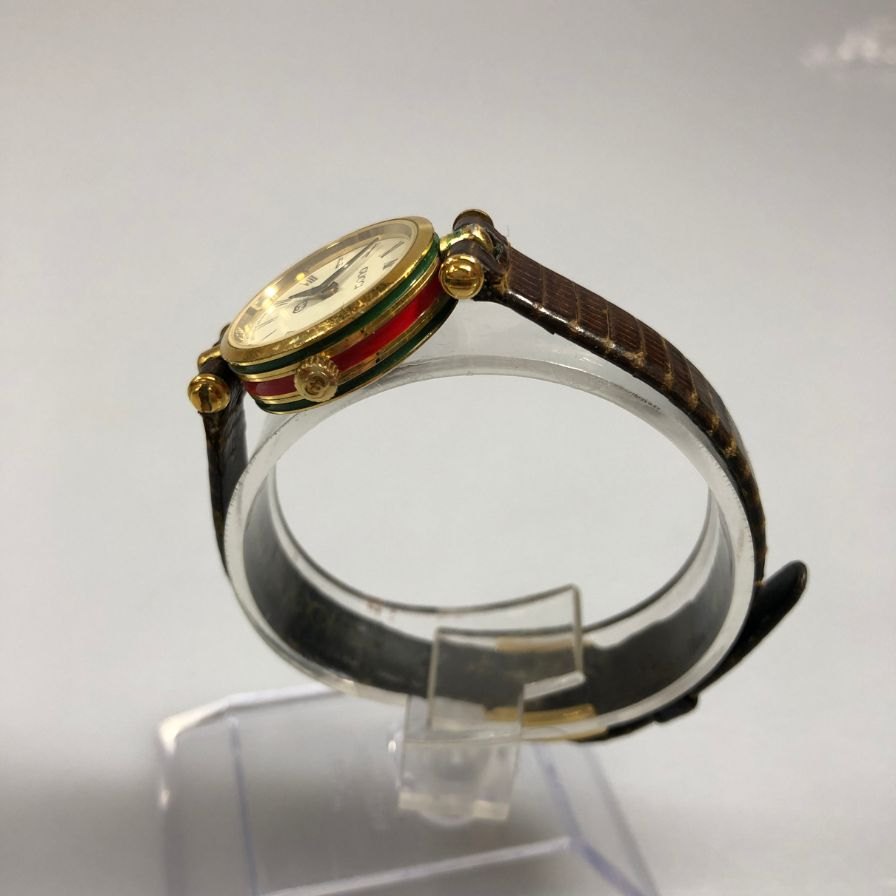 グッチ クオーツ 腕時計  2針  ゴールド文字盤  レザーベルト ユニセックス ワインレッド GUCCI