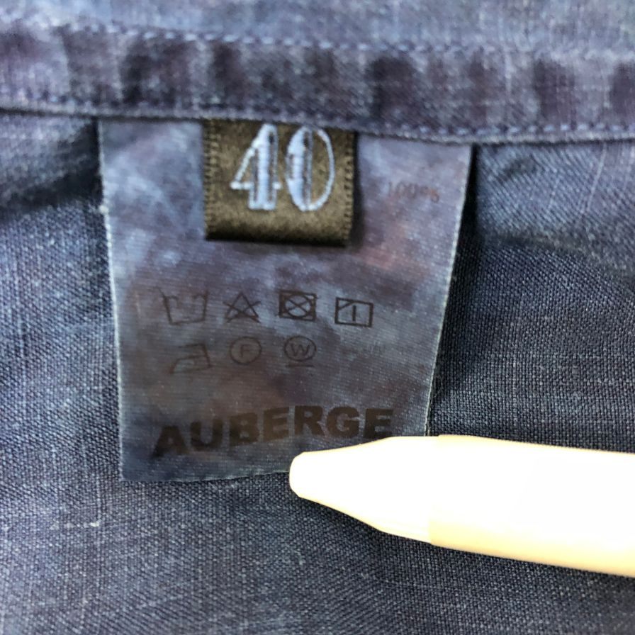 美品◆オーベルジュ スタンドカラーシャツ ポルティエ リネン インディゴ メンズ サイズ40 AUBERGE 【AFB43】