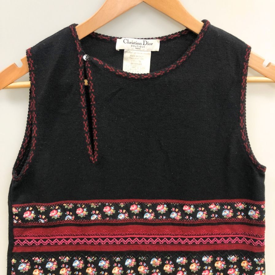 美品◆クリスチャンディオール ノースリーブトップス ブティック ジョンガリアーノ期  刺繍  レディース ブラック サイズ2  Christian Dior 【AFB11】