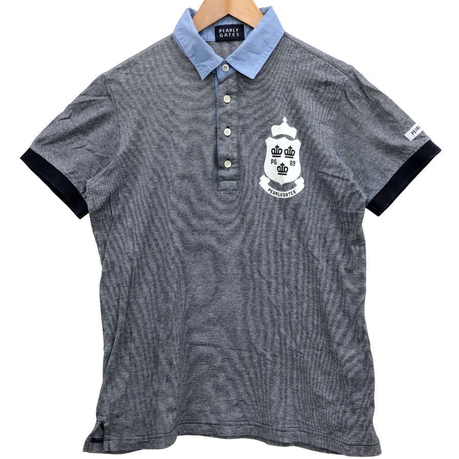 中古◆パーリーゲイツ ポロシャツ 半袖 切替 ボーダー プリント デザイン グレー メンズ サイズ4 PEARLY GATES 【AFB34】