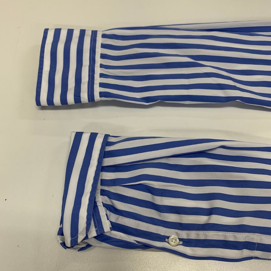 美品◆ラルフローレン シャツ パープルレーベル ロゴ刺繍 ストライプ コットン ブルー系 メンズ サイズ165/88A RALPH LAUREN 【AFB11】