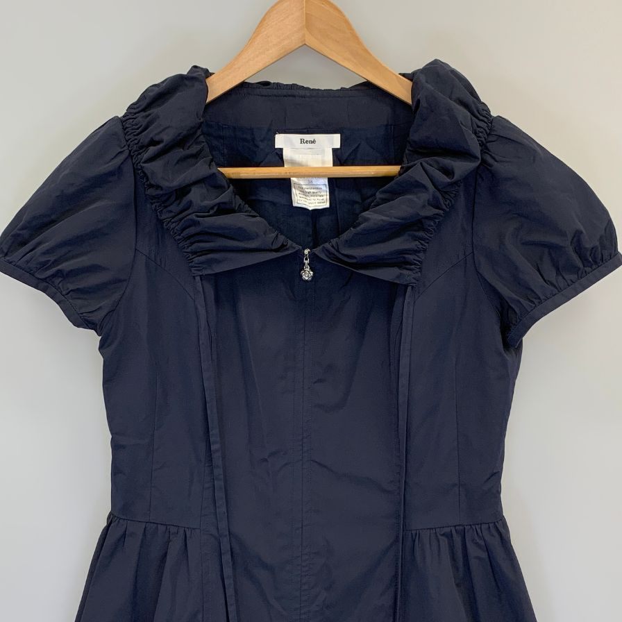 美品◆ルネ ワンピース パフスリーブ 半袖 プルオーバー ジップ ネイビー レディース サイズ38 Rene 【AFB30】
