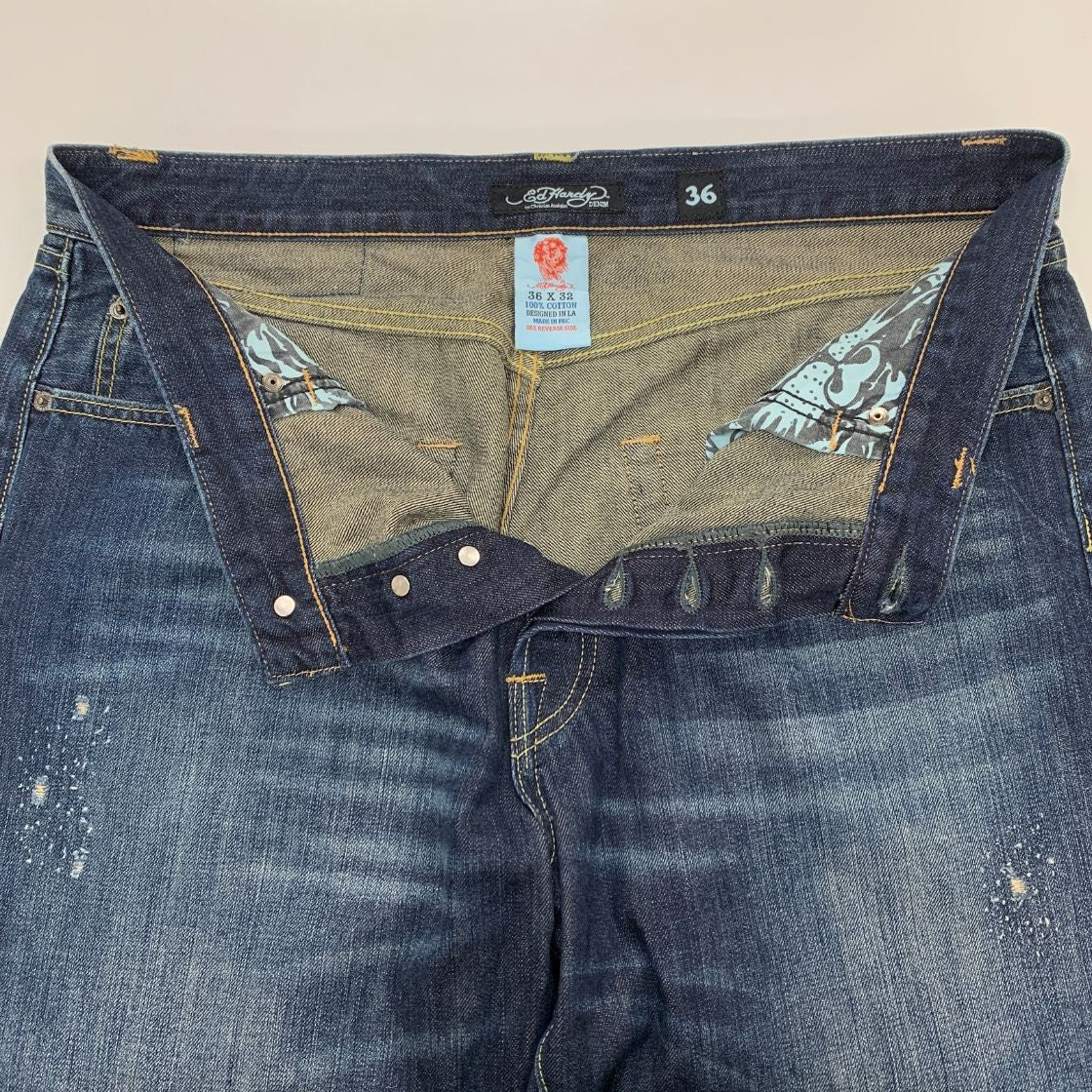エドハーディー デニムパンツ ドクロ 蛇 刺繍 ペイント 装飾 ボタンフライ ウォッシュ USED加工 2009 インディゴ メンズ サイズ36 Ed Hardy 【AFB27】