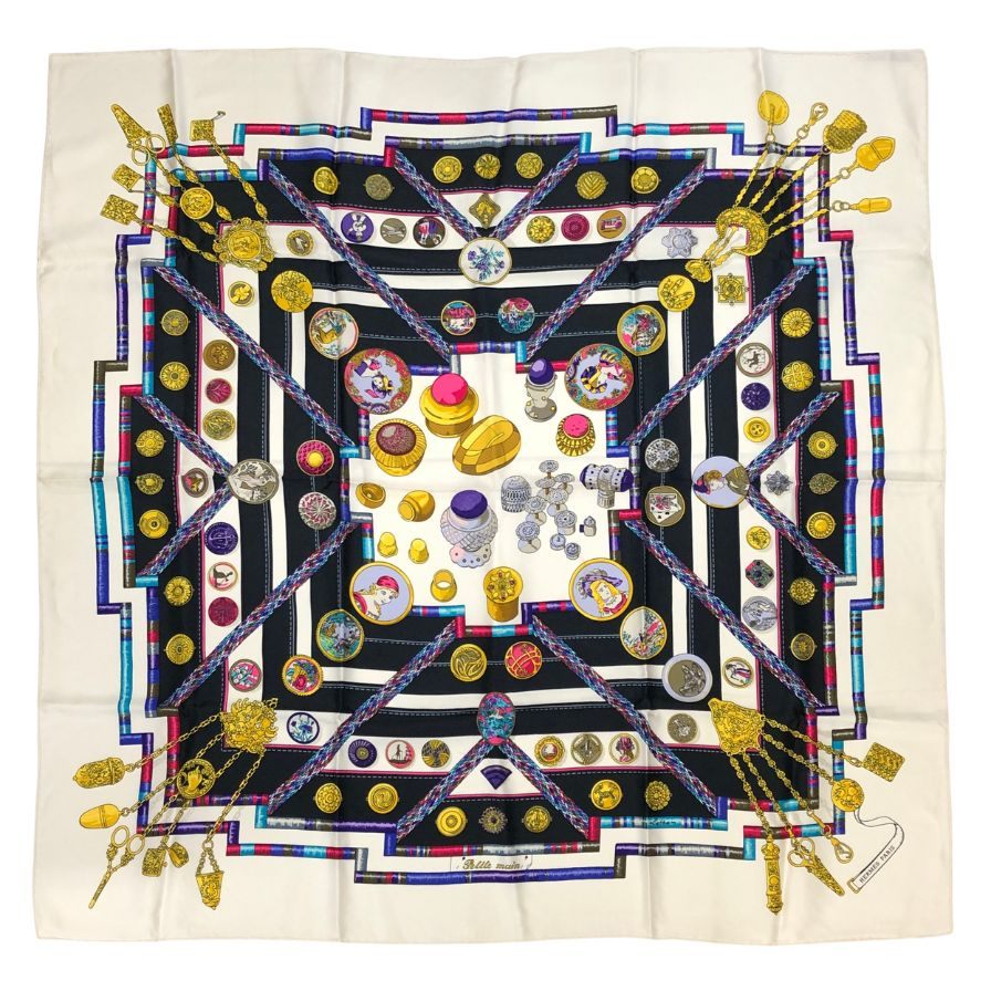 エルメス スカーフ カレ90 お針子さん PETIT MAIN ホワイト系 HERMES【AFI18-2】