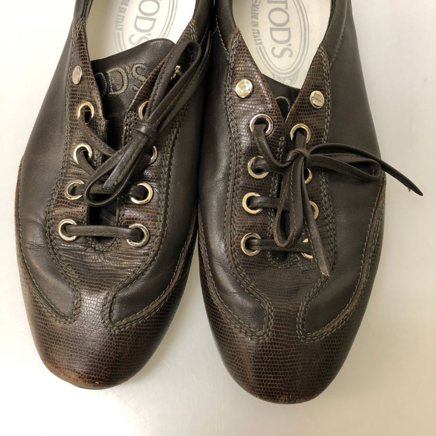 トッズ ドライビングシューズ レザースニーカー リザード型押し×カーフ コンビ ブラウン レディース サイズ36.5 TOD’S 約23.5cm【AFC31】