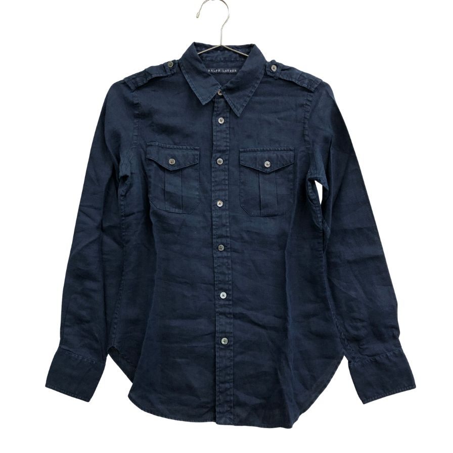 中古◆ラルフローレン レディース 長袖シャツ リネン100% インパクト21社製 サイズ9 ブルー  Ralph Lauren 【AFB12】