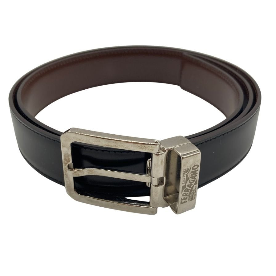 サルヴァトーレフェラガモ レザーベルト ブラック シルバー金具 メンズ Salvatore Ferragamo【AFI7】