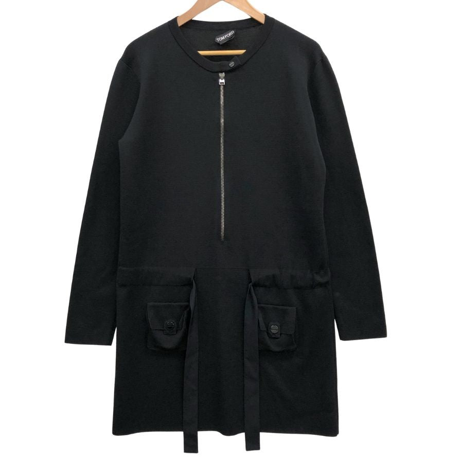 中古◆トムフォード ワンピース フロントハーフジップ ウエスト紐あしらい ウール100% レディース サイズM ブラック TOMFORD 【AFB46】