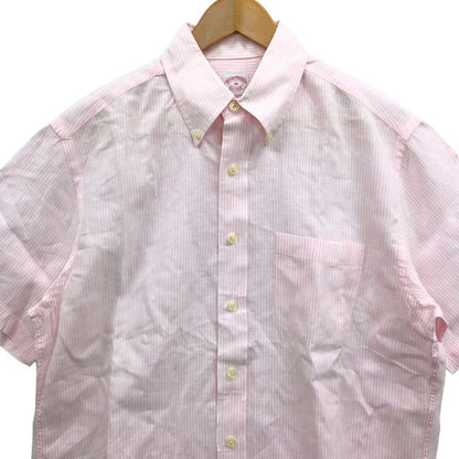 美品◆ブルックスブラザーズ シャツ 半袖 ボタンダウン ストライプ 麻 メンズ ピンク サイズM Brooks Brothers 【AFB25】