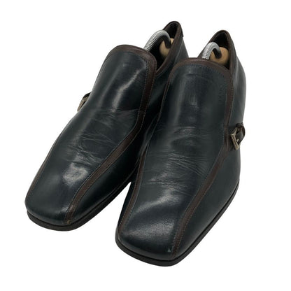 プラダ レザーシューズ シングル モンク サイドゴア バイカラー ネイビー ブラウン サイズ6.5 PRADA 約25.5cm【PTM3】