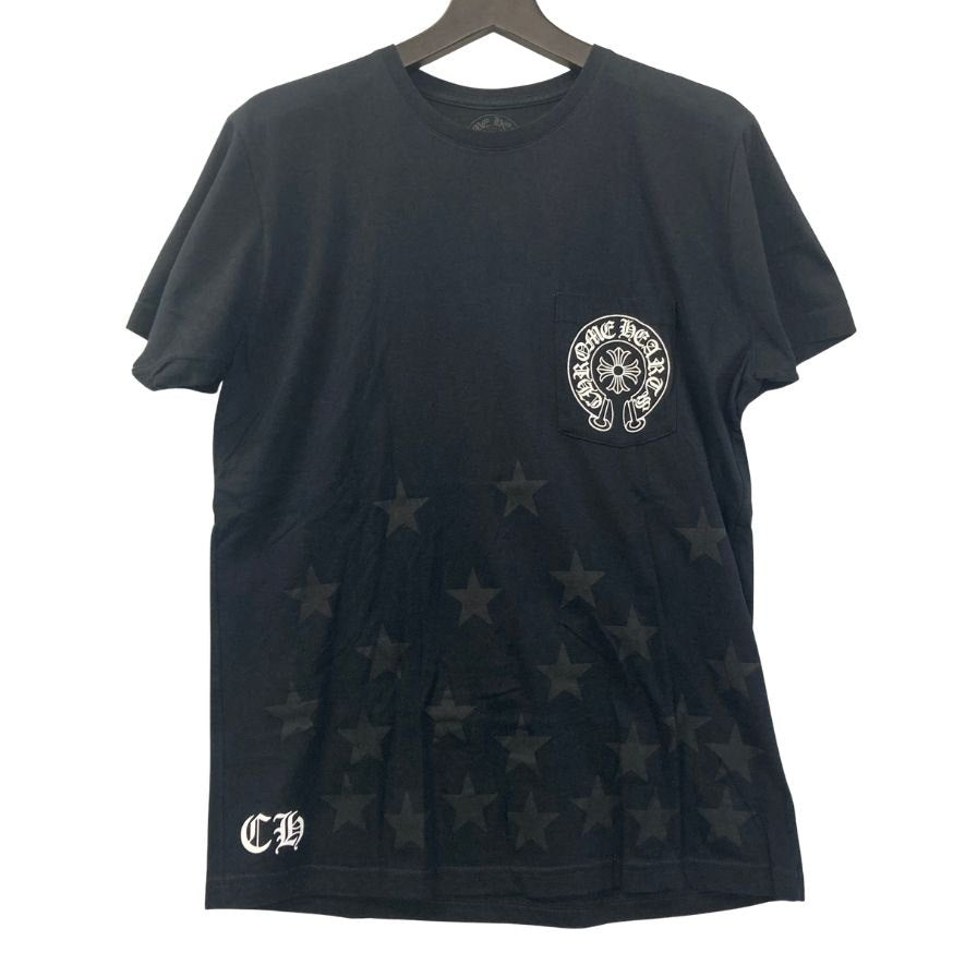 美品◆クロムハーツ Tシャツ ポケットT 胸元ロゴ 星柄 ブラック サイズL メンズ CHROME HEARTS 【AFB38】