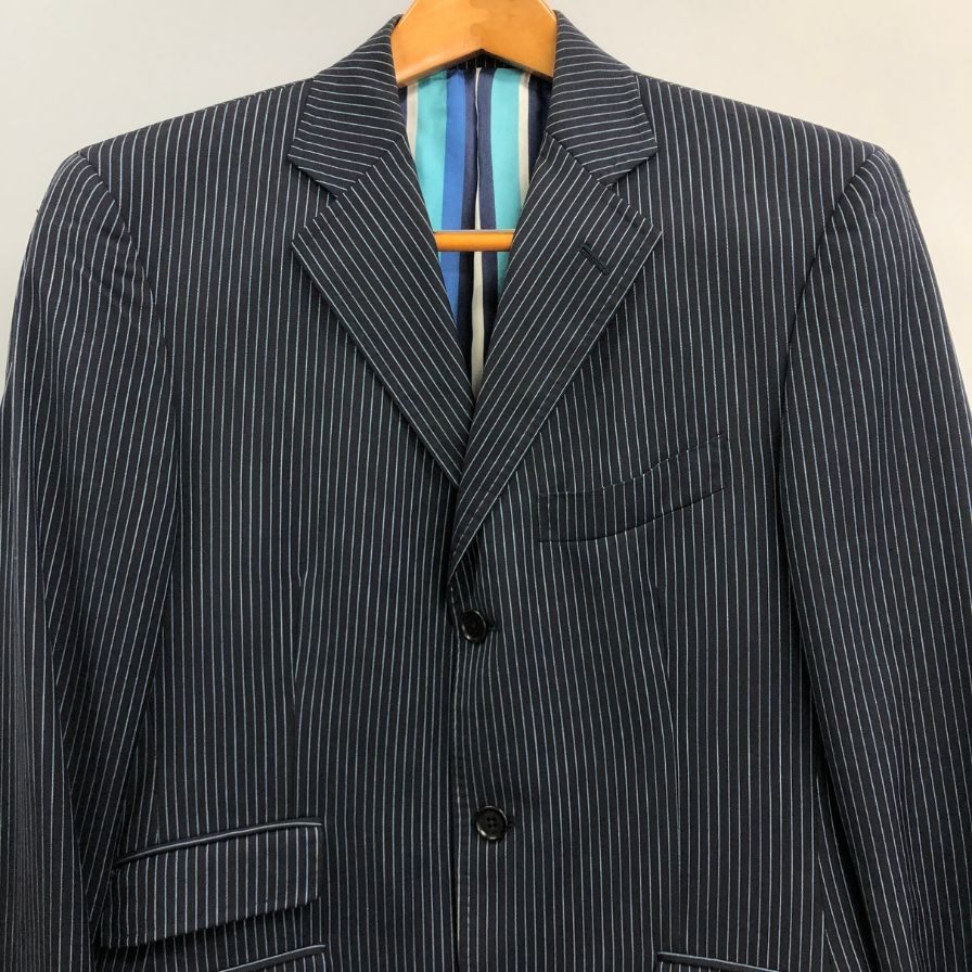 美品◆エトロ 3つボタン 3Bジャケット ストライプ柄 裏地パープル メンズ サイズ48 ネイビー ETRO 【AFA18】