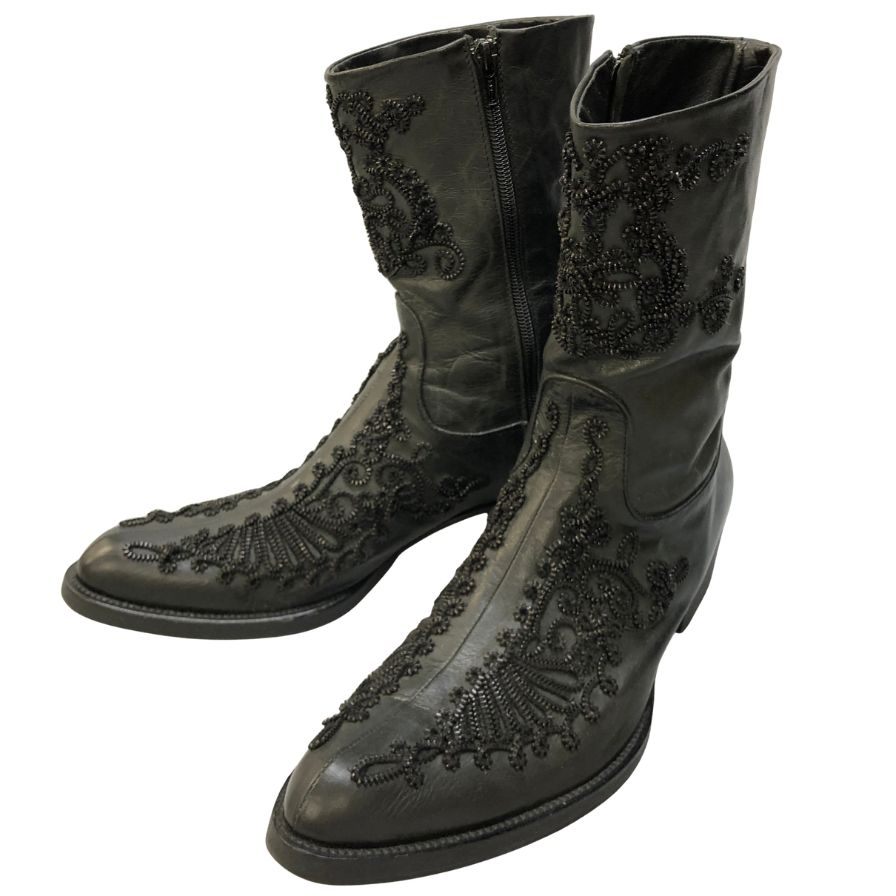 アレキサンダーマックイーン レザーブーツ ロングブーツ 23919 サイドジップ 装飾 メンズ ブラック サイズ44 Alexander McQueen 約30.0cm【AFI30】
