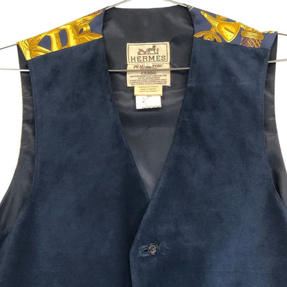 美品◆エルメス ジレ ヴィンテージ L'OR DES CHEFS ネイビー系 シルク×ピッグスキン サイズ48 メンズ HERMES 【AFB20】