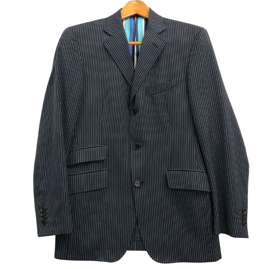 美品◆エトロ 3つボタン 3Bジャケット ストライプ柄 裏地パープル メンズ サイズ48 ネイビー ETRO 【AFA18】