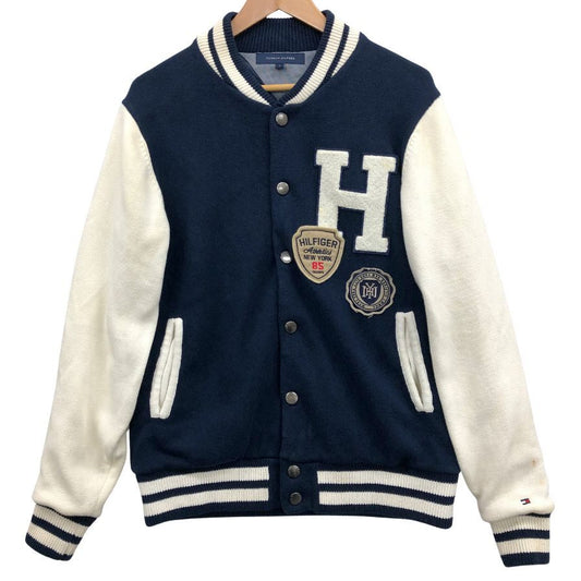 中古■トミーヒルフィガー スタジャン リブ ニットジャケット ブルゾン アップリケ ワッペン ネイビー メンズ サイズL TOMMY HILFIGER 【AFB18】