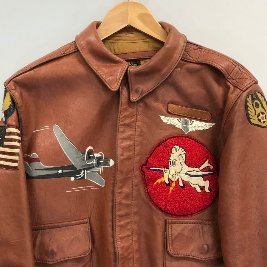 美品◆フラワーズマックローガン レザージャケット TYPE A-2 ワッペン メンズ ブラウン サイズ不明 FLOWERS McCOLGAN 【AFG1】