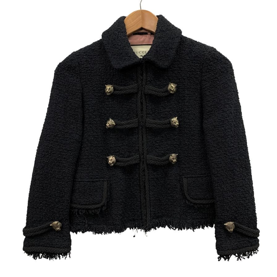 美品◆グッチ 15AW ナポレオンジャケット ツイード タイガーボタン ブラック レディース サイズ36 409702 GUCCI 【AFA21】