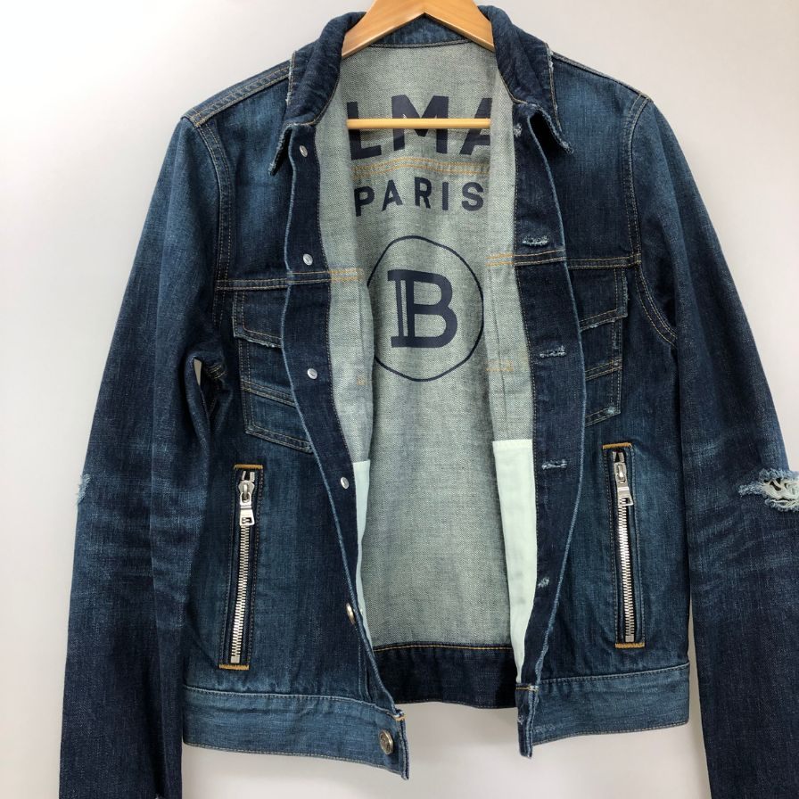 極美品◆バルマン デニムジャケット ダメージ加工 TC015017D 日本製 メンズ インディゴ サイズ46 BALMAIN 【AFA17】