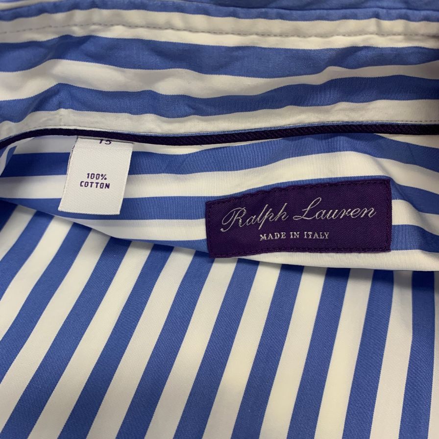 美品◆ラルフローレン シャツ パープルレーベル ロゴ刺繍 ストライプ コットン ブルー系 メンズ サイズ165/88A RALPH LAUREN 【AFB11】