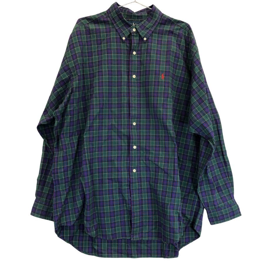 美品◆ポロラルフローレン 90S ボタンダウンシャツ タータンチェック ネイビー系 メンズ サイズXL Polo Ralph Lauren 【AFB35】