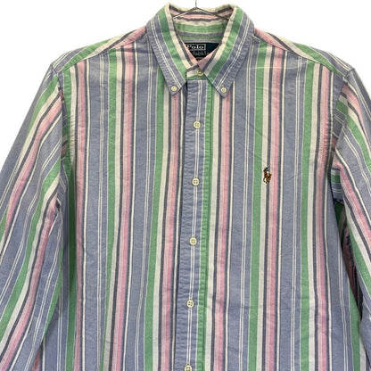 中古◆ポロ ラルフローレン ボタンダウンシャツ 90S ストライプ ブルー メンズ サイズM Polo Ralph Lauren 【AFB4】