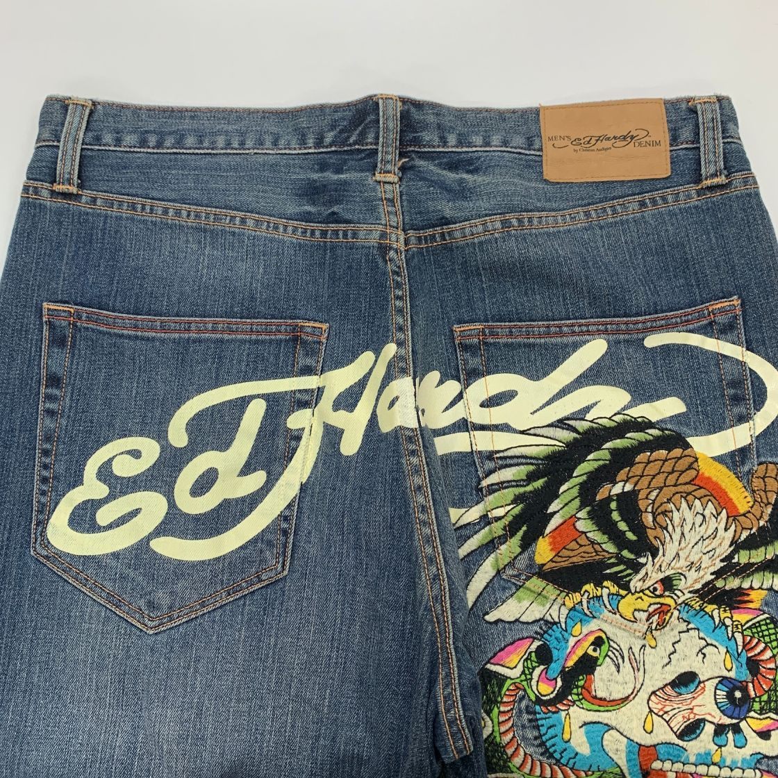エドハーディー デニムショーツ ハーフ パンツ 鷹 ドクロ 刺繍 装飾 ボタンフライ ウォッシュ USED加工 インディゴ メンズ サイズ36 Ed Hardy 【AFB48】