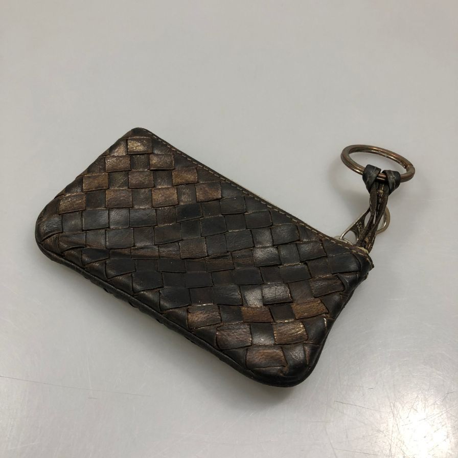 ボッテガヴェネタ コインケース イントレチャート レザー キーリング付き ダークブラウン メンズ BOTTEGA VENETA【AFI10】【中古】