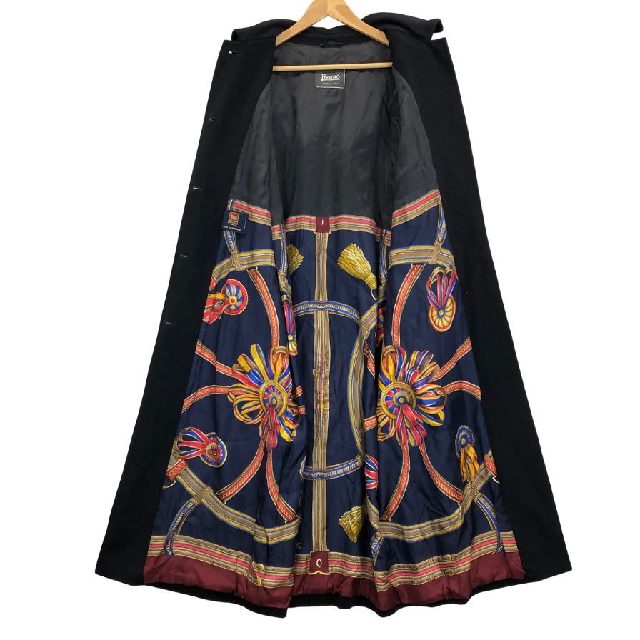 中古◆ヘルノ フード付き ウールロングコート ブラック サイズ44 レディース 裏地スカーフ柄 イタリア製 HERNO 【AFA4】