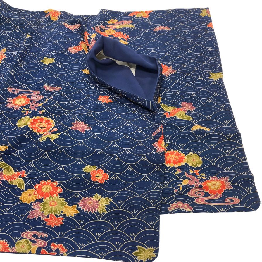 浴衣 青海波文様 花柄 紺青 レディース ノーブランド【AFB15】【中古】