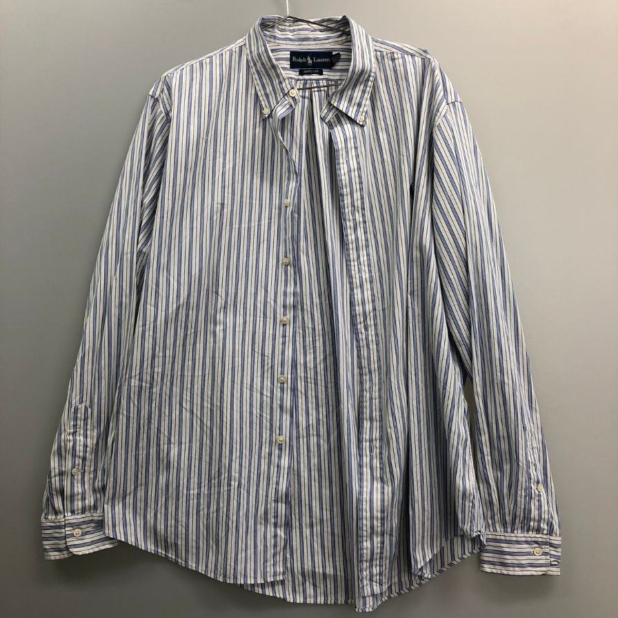 美品◆ポロ ラルフローレン ボタンダウンシャツ 90S オールド ストライプ ブルー系 メンズ サイズXL Polo Ralph Lauren 【AFB43】