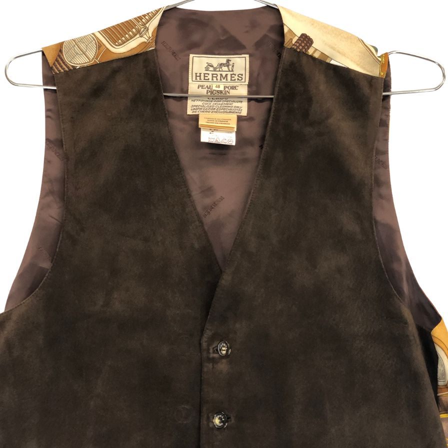 美品◆エルメス ジレ ヴィンテージ automobile ブラウン系 シルク×ピッグスキン サイズ48 メンズ HERMES 【AFB40】