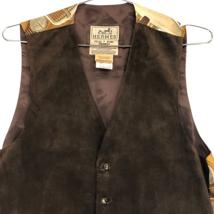 美品◆エルメス ジレ ヴィンテージ automobile ブラウン系 シルク×ピッグスキン サイズ48 メンズ HERMES 【AFB40】