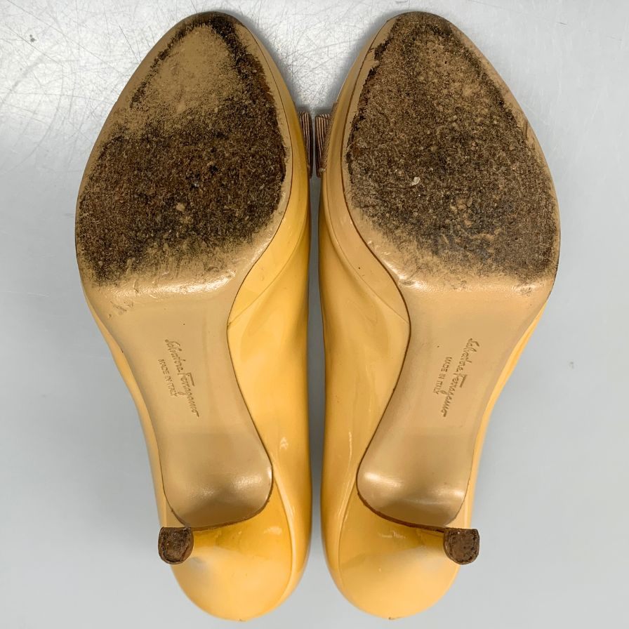 サルヴァトーレ フェラガモ パンプス ヒール ヴァラリボン エナメル レディース サイズ6.5 イエロー系 Salvatore Ferragamo 約25.0cm【AFD3】