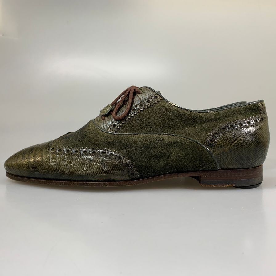 グッチ リザード スエードコンビ シューズ グリーン メンズ サイズ6.5 GUCCI 約25.5cm【AFC35】