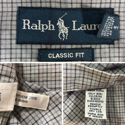 中古◆ラルフローレン ボタンダウンシャツ 90S ブルー系 チェック メンズ サイズ3XL Ralph Lauren 【AFB38】
