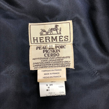 美品◆エルメス ジレ ヴィンテージ L'OR DES CHEFS ネイビー系 シルク×ピッグスキン サイズ48 メンズ HERMES 【AFB20】