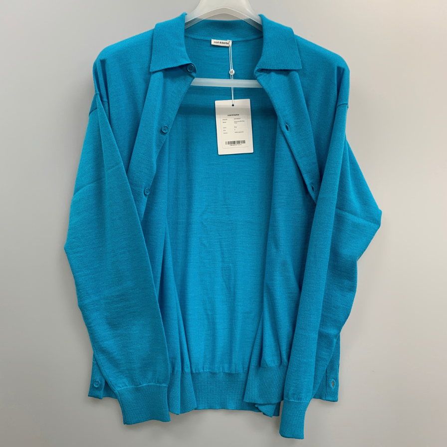 未使用◆キャッシュ＆バルバ ポロカラーカーディガン ウーステッドカシミヤ 150 サイズ2 メンズ ライトブルー  IMWSW003 Cash&Barba 【AFB27】
