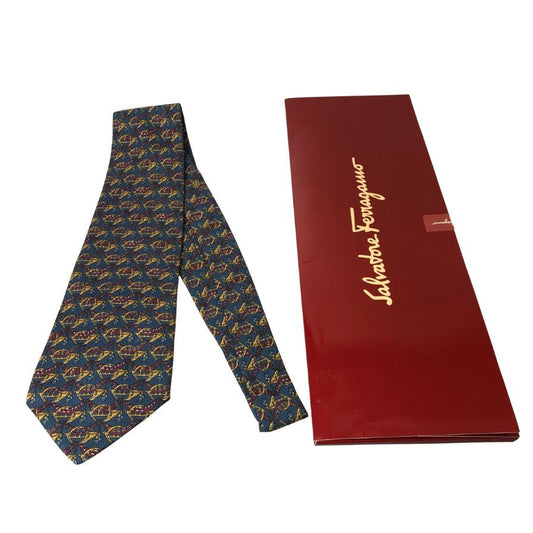 サルヴァトーレフェラガモ ネクタイ 総柄 ネイビー系 シルク Salvatore Ferragamo【AFI21】