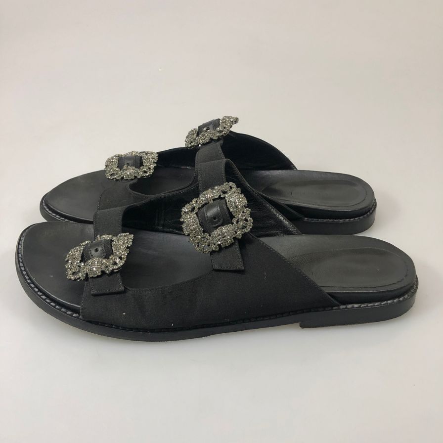 マノロブラニク サンダル ハンギシ ビジュー付き レザー×サテン ブラック レディース サイズ39 MANOLO BLAHNIK 約25.0cm【YB3】