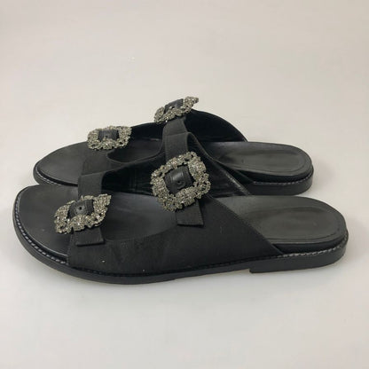 マノロブラニク サンダル ハンギシ ビジュー付き レザー×サテン ブラック レディース サイズ39 MANOLO BLAHNIK 約25.0cm【YB3】