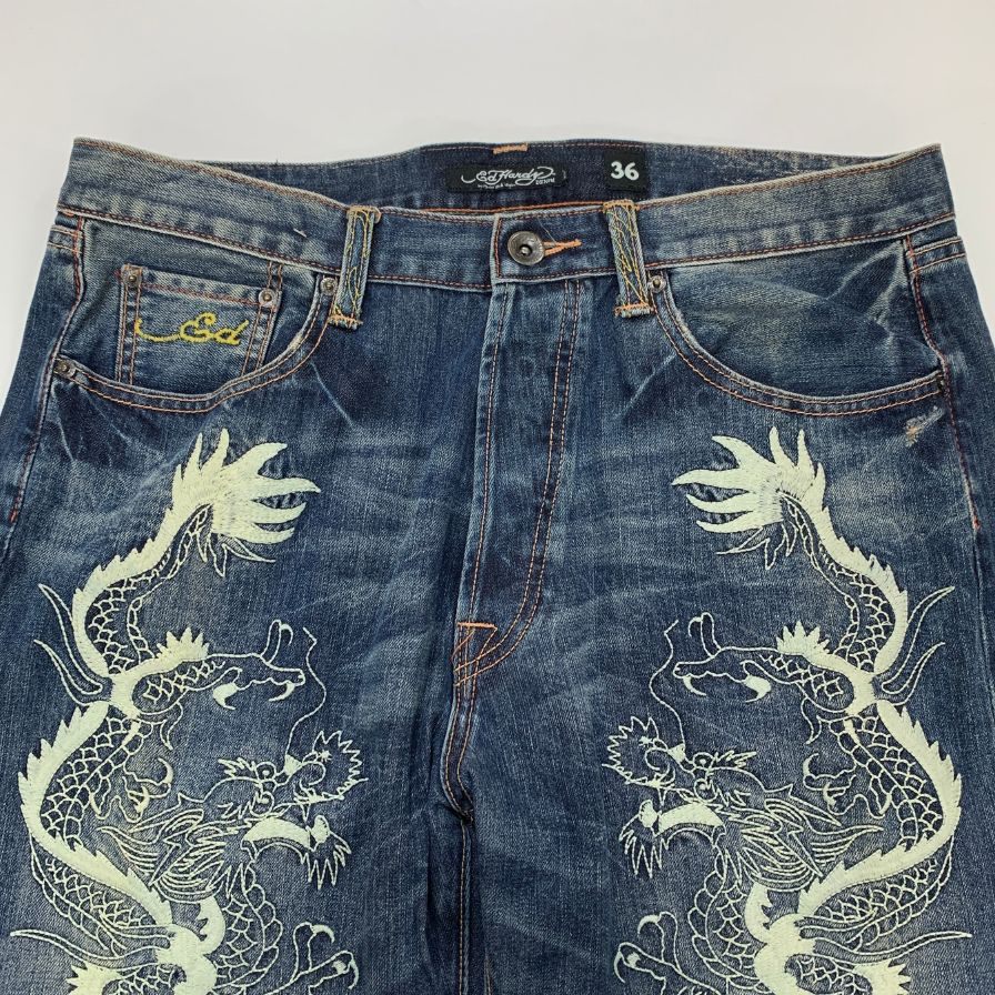 エドハーディー デニムパンツ 龍 刺繍 ペイント 装飾 ボタンフライ ウォッシュ USED加工 2009 インディゴ メンズ サイズ36 Ed Hardy 【AFB32】