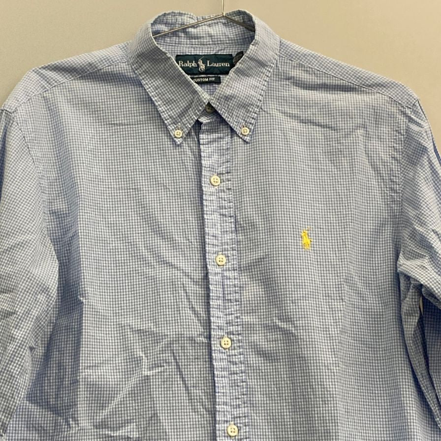 中古◆ラルフローレン ボタンダウンシャツ 90S チェック ブルー メンズ サイズM Ralph Lauren 【AFB27】