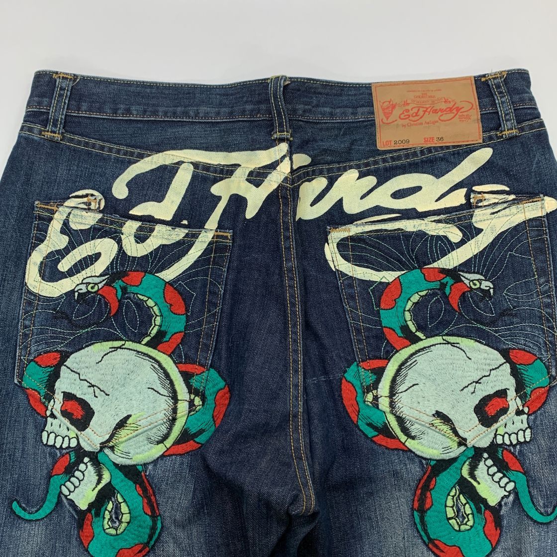 エドハーディー デニムパンツ ドクロ 蛇 刺繍 ペイント 装飾 ボタンフライ ウォッシュ USED加工 2009 インディゴ メンズ サイズ36 Ed Hardy 【AFB27】