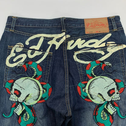 エドハーディー デニムパンツ ドクロ 蛇 刺繍 ペイント 装飾 ボタンフライ ウォッシュ USED加工 2009 インディゴ メンズ サイズ36 Ed Hardy 【AFB27】