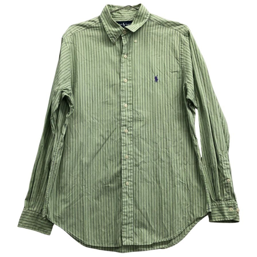 中古◆ラルフローレン ボタンダウンシャツ 90S ストライプ グリーン×パープル メンズ サイズM Ralph Lauren 【AFB29】