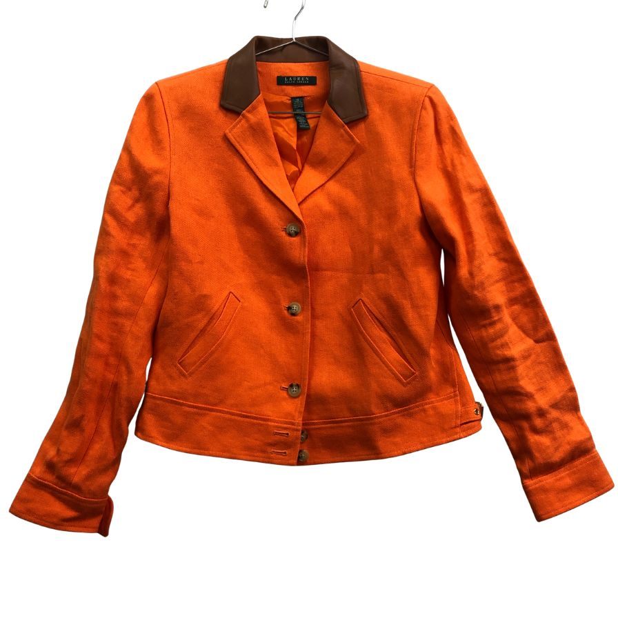 美品◆ローレン ラルフローレン ショートジャケット レザー襟 ゴールド金具 レディース  サイズ10 オレンジ LAUREN RALPH LAUREN 【AFB11】
