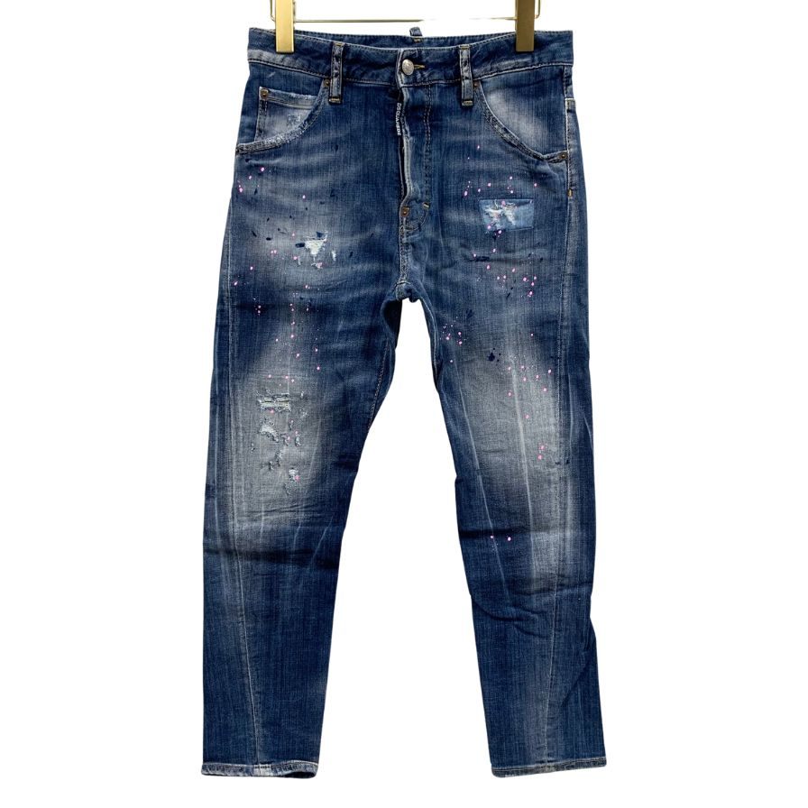 ディースクエアード デニムパンツ kenny jean S75LA0615 ロゴ金具 ペイント加工 クラッシュ加工 コットン ポリウレタン ブルー系 レディース サイズ40 DSQUARED2 【AFB41】